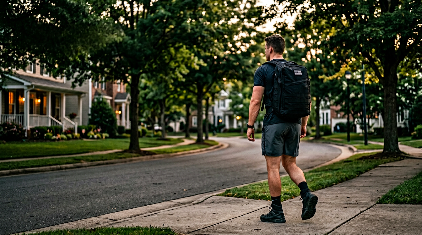 Person rucking through a suburban neighborhood
